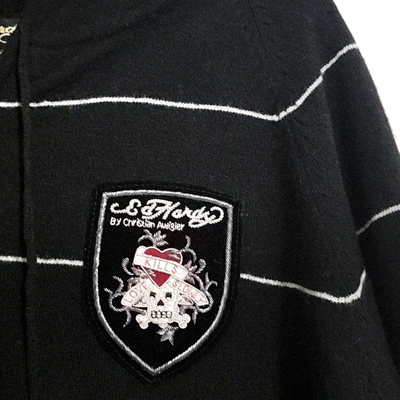 Nwt Ed Hardy Striped Zip Up Hoodie Sweater Wool Love Kills Slowly Skeleton Patch - Picture 4 of 9